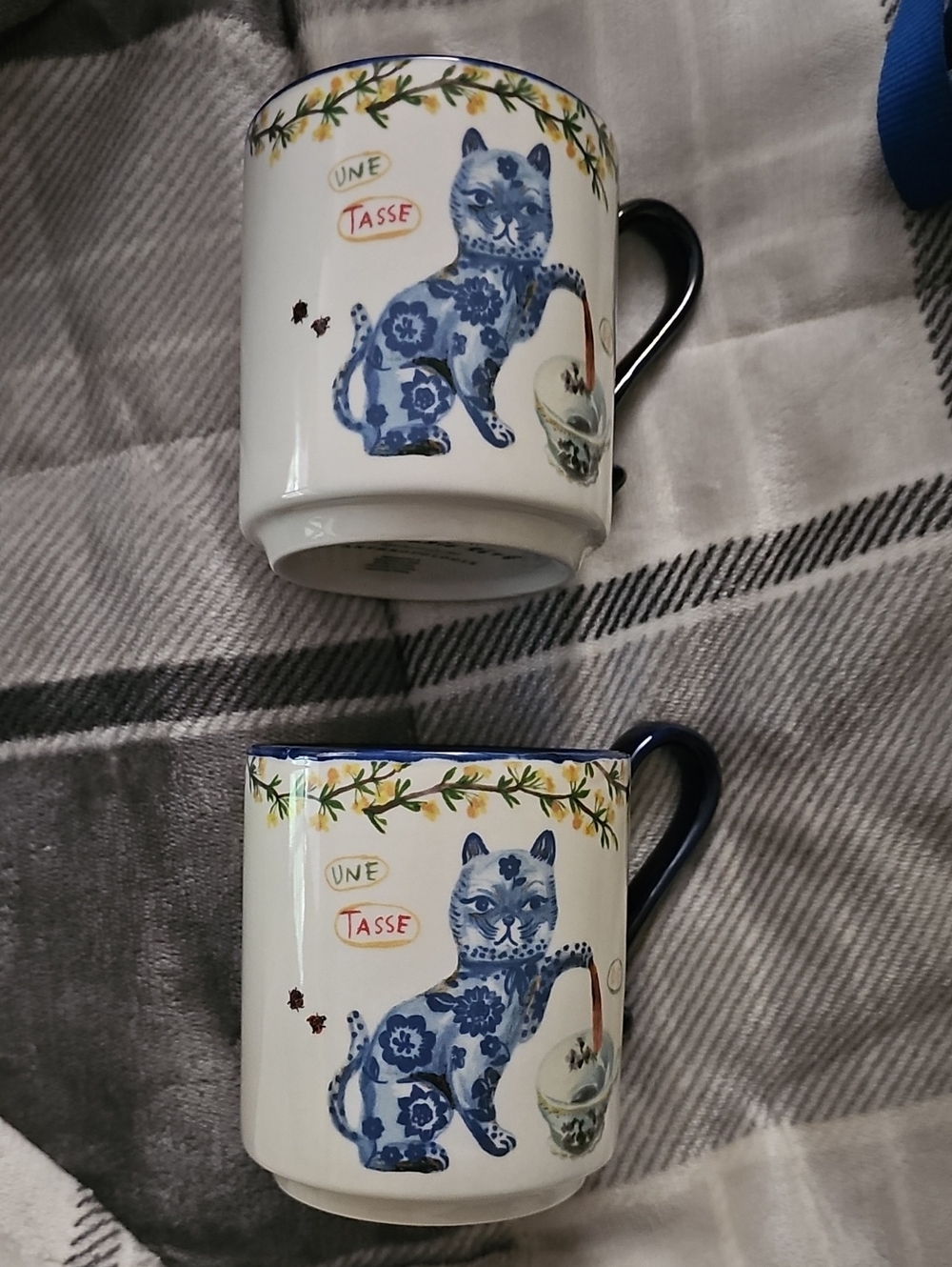 Anthropologie Blue & White Cat Floral Ceramic Mug